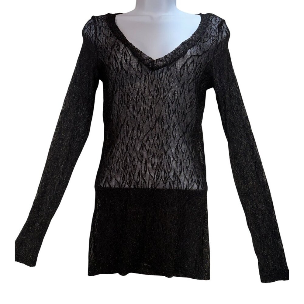 BKE Womens Tunic Cover Up Y2K Top Size M Black Sheer Lace Long Sleeve Whimsigoth